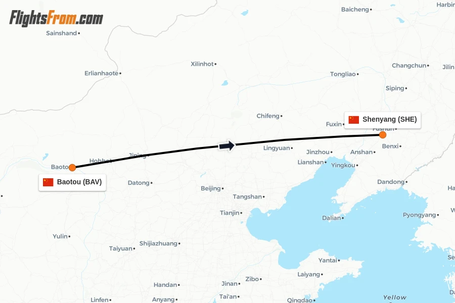 Flights from Baotou to Shenyang route map