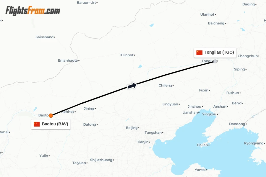 Flights from Baotou to Tongliao route map