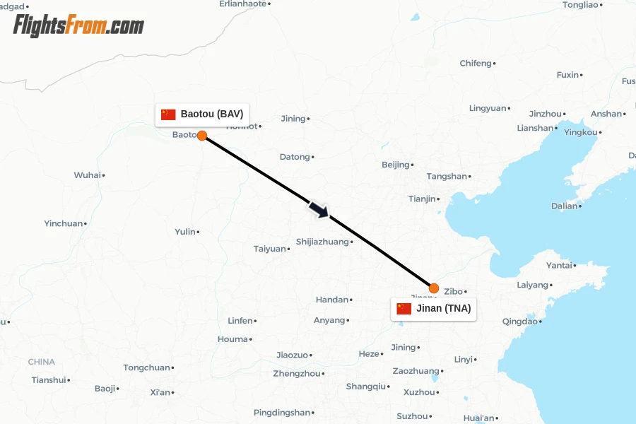 Flights from Baotou to Jinan route map