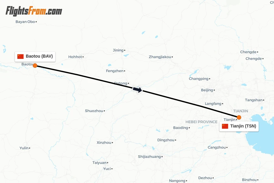 Flights from Baotou to Tianjin route map