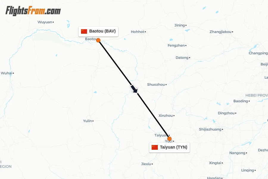 Flights from Baotou to Taiyuan route map