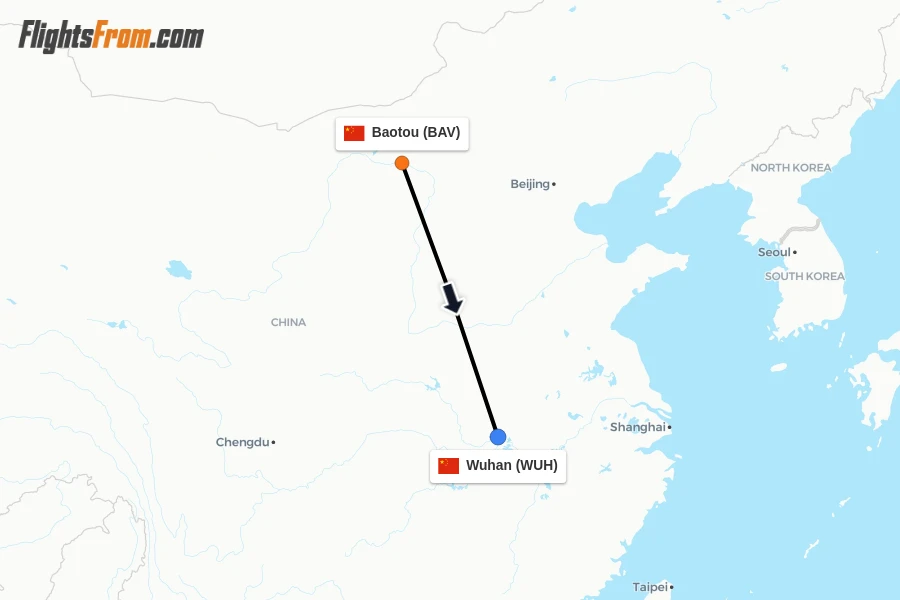 Flights from Baotou to Wuhan route map