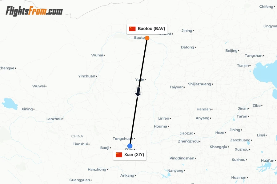 Flights from Baotou to Xian route map