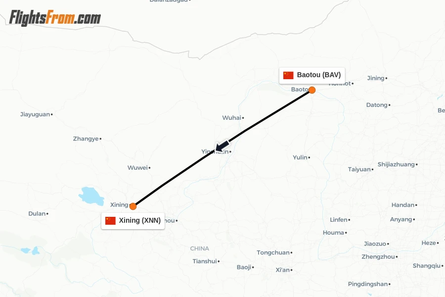 Flights from Baotou to Xining route map