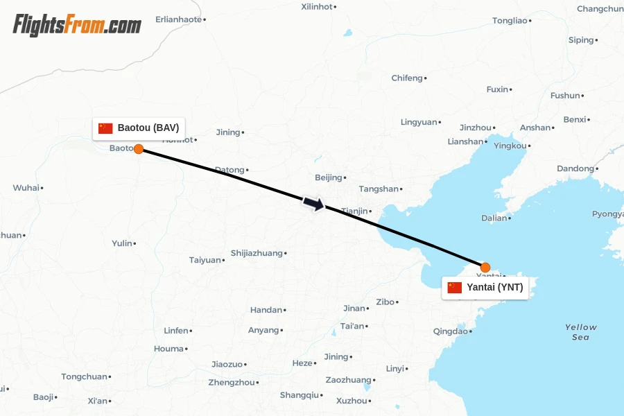 Flights from Baotou to Yantai route map