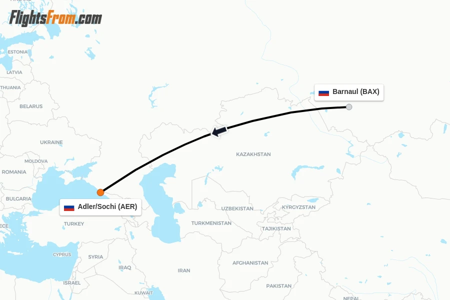 Flights from Barnaul to Adler/Sochi route map