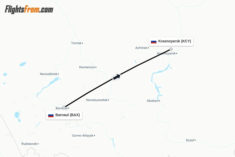 Flights from Barnaul to Krasnoyarsk route map