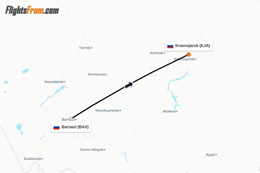 Flights from Barnaul to Krasnojarsk route map