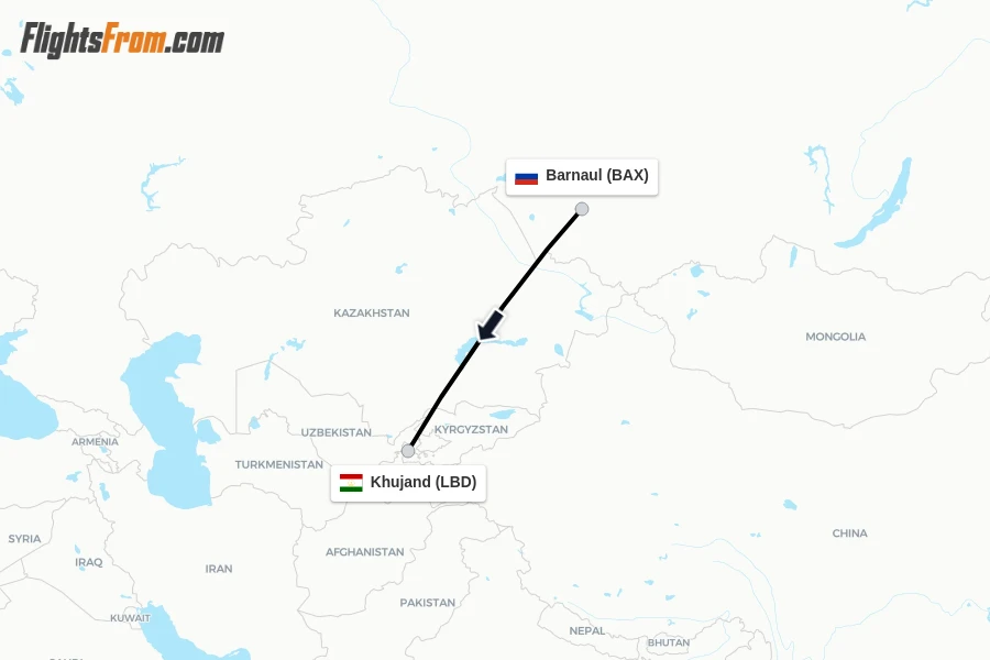 Flights from Barnaul to Khujand route map