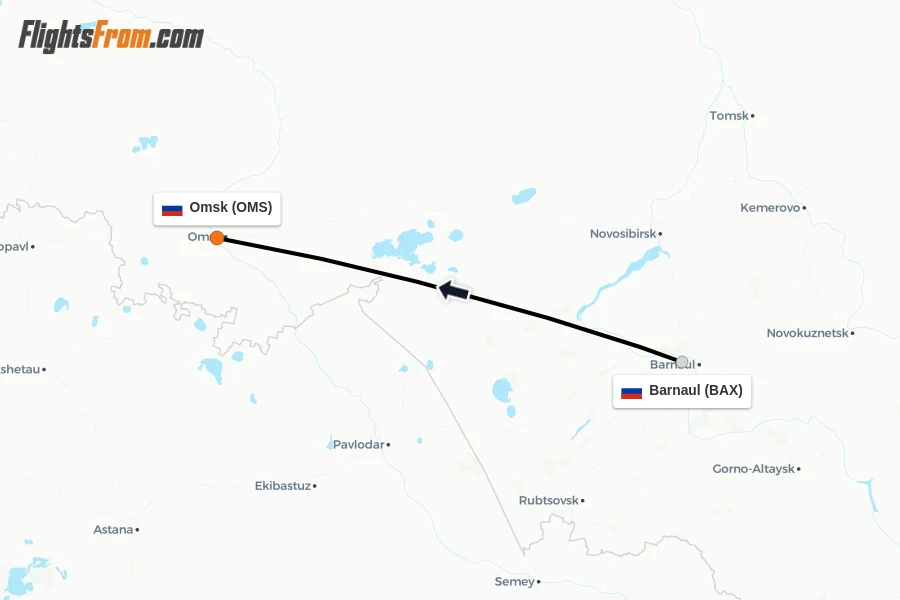 Flights from Barnaul to Omsk route map