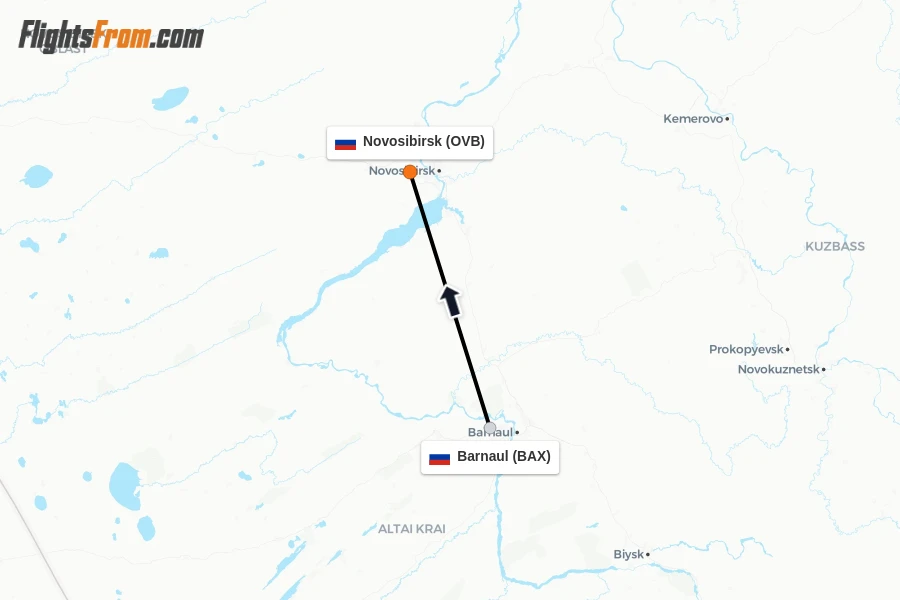 Flights from Barnaul to Novosibirsk route map
