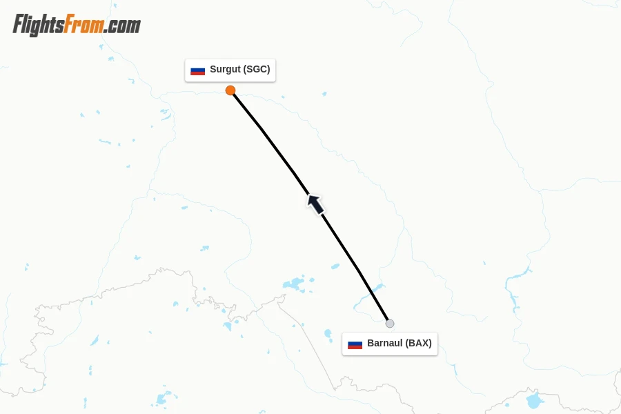 Flights from Barnaul to Surgut route map