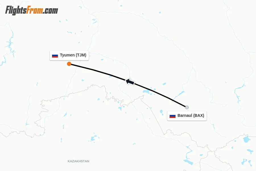 Flights from Barnaul to Tyumen route map