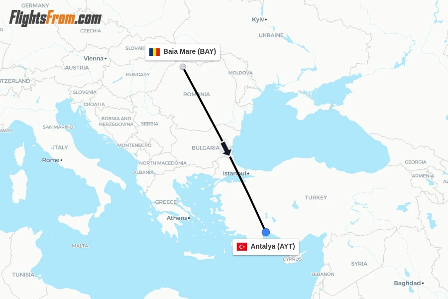 Flights from Baia Mare to Antalya route map