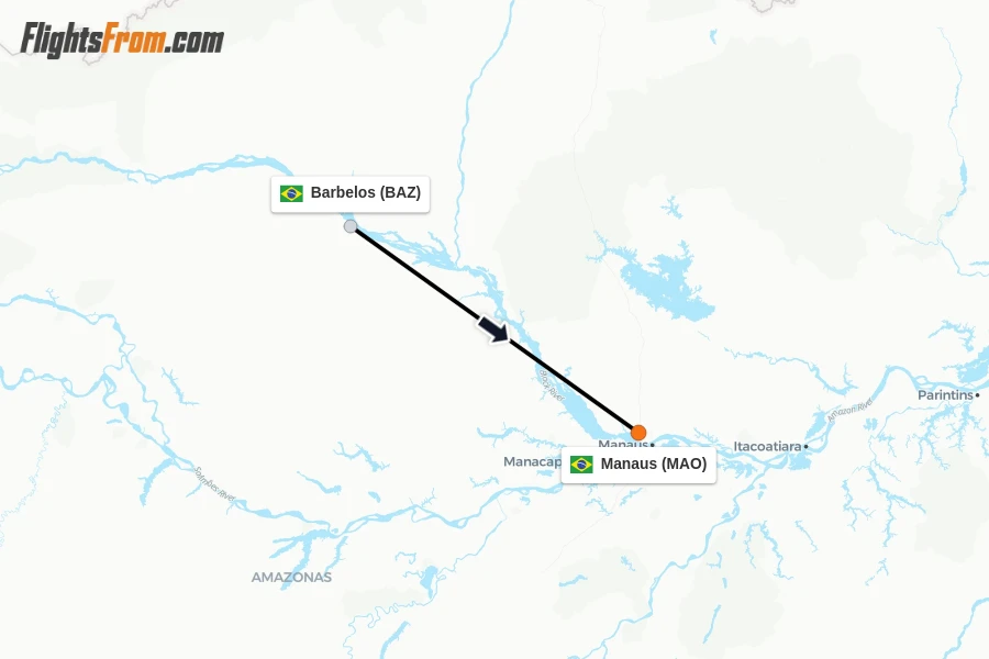 Flights from Barbelos to Manaus route map