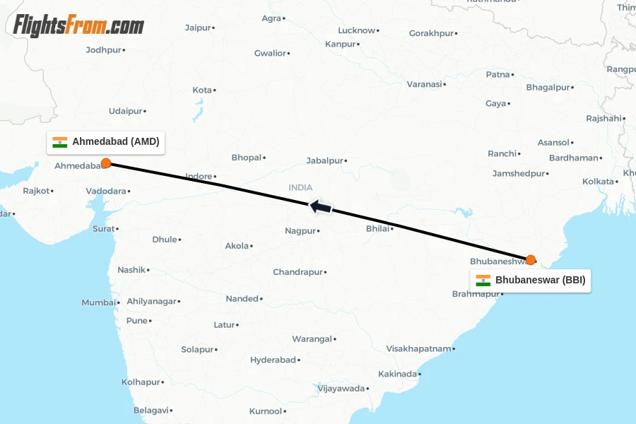 Flights from Bhubaneswar to Ahmedabad route map