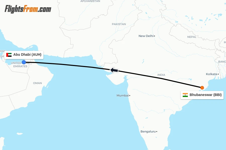 Flights from Bhubaneswar to Abu Dhabi route map