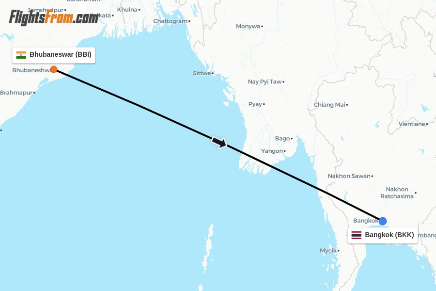 Flights from Bhubaneswar to Bangkok route map