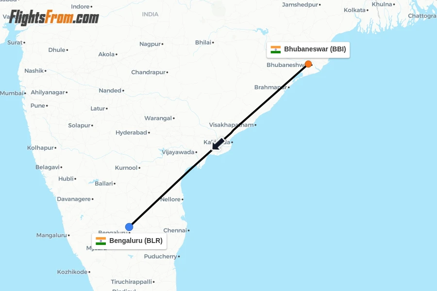Flights from Bhubaneswar to Bengaluru route map