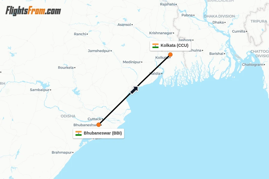 Flights from Bhubaneswar to Kolkata route map