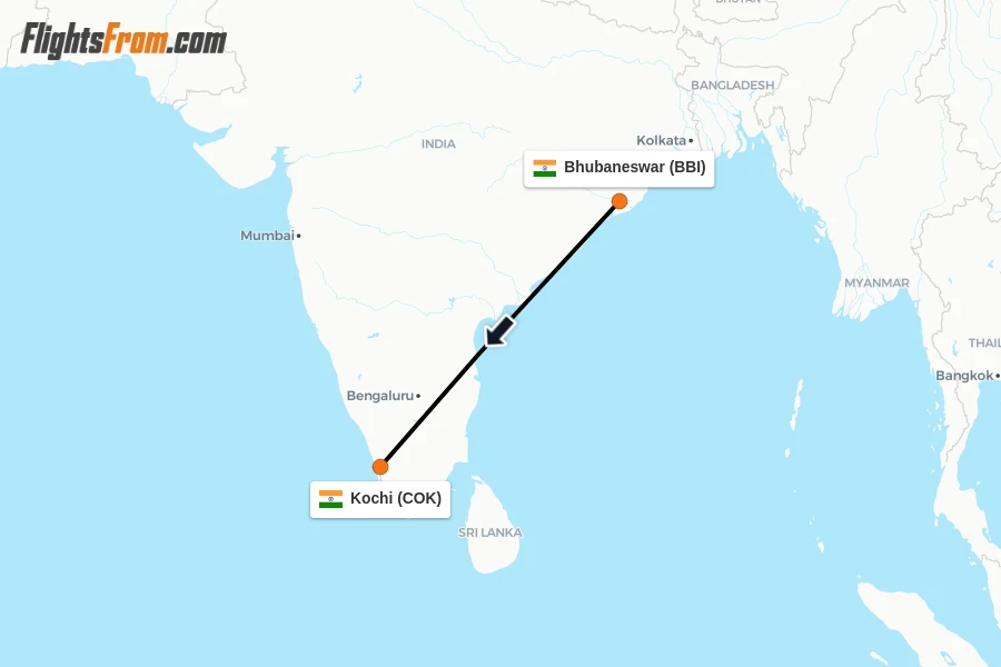 Flights from Bhubaneswar to Kochi route map