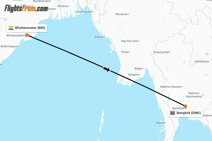 Flights from Bhubaneswar to Bangkok route map