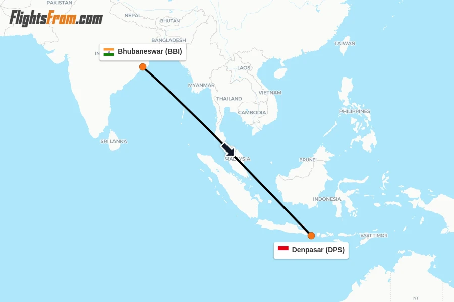 Flights from Bhubaneswar to Denpasar route map