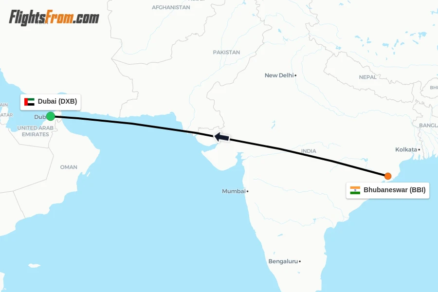 Flights from Bhubaneswar to Dubai route map
