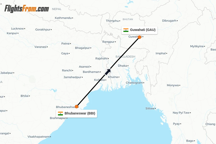 Flights from Bhubaneswar to Guwahati route map
