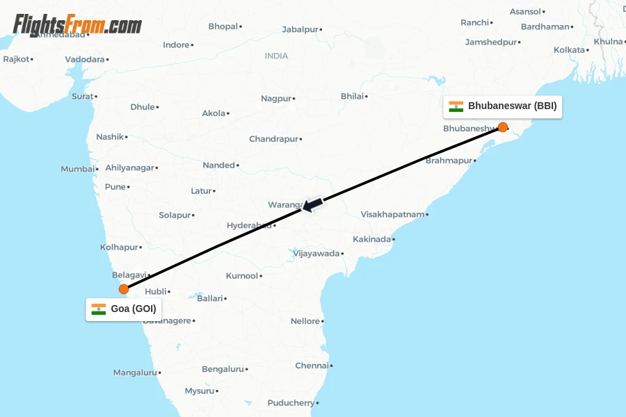 Flights from Bhubaneswar to Goa route map
