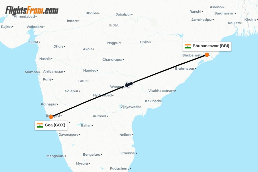 Flights from Bhubaneswar to Goa route map