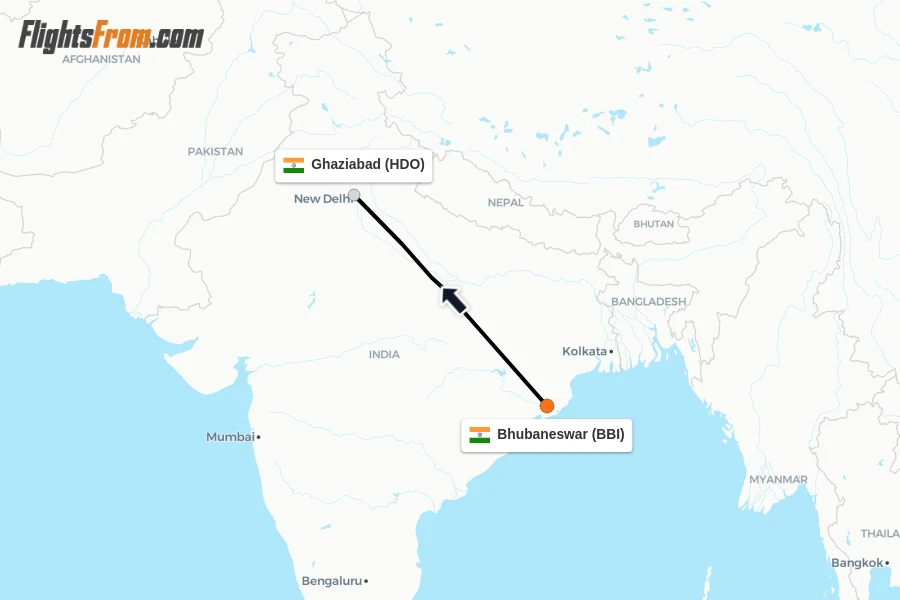 Flights from Bhubaneswar to Ghaziabad route map