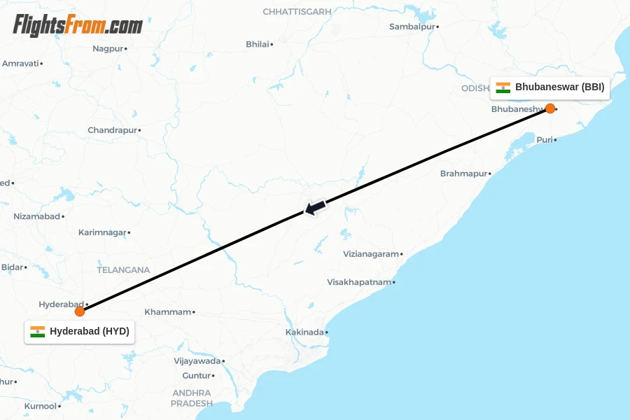 Flights from Bhubaneswar to Hyderabad route map