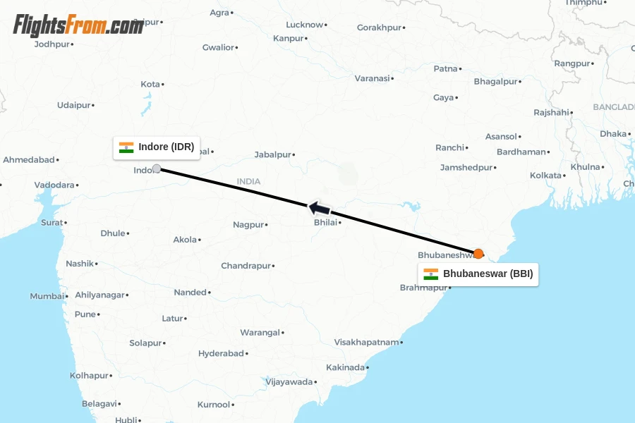 Flights from Bhubaneswar to Indore route map
