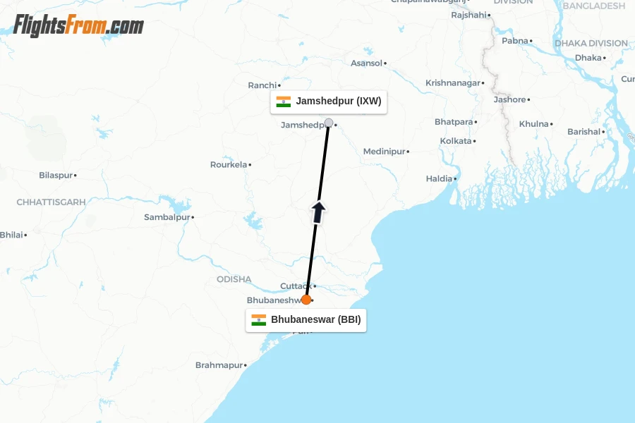 Flights from Bhubaneswar to Jamshedpur route map