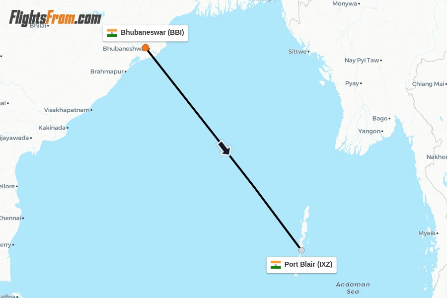 Flights from Bhubaneswar to Port Blair route map