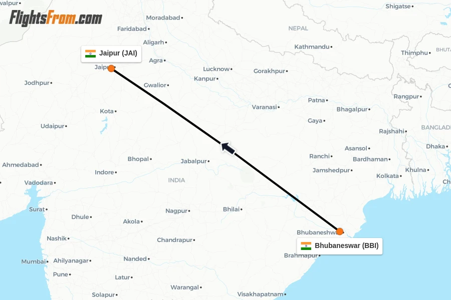 Flights from Bhubaneswar to Jaipur route map