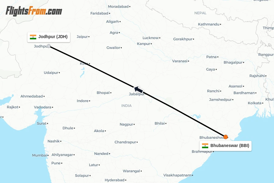 Flights from Bhubaneswar to Jodhpur route map