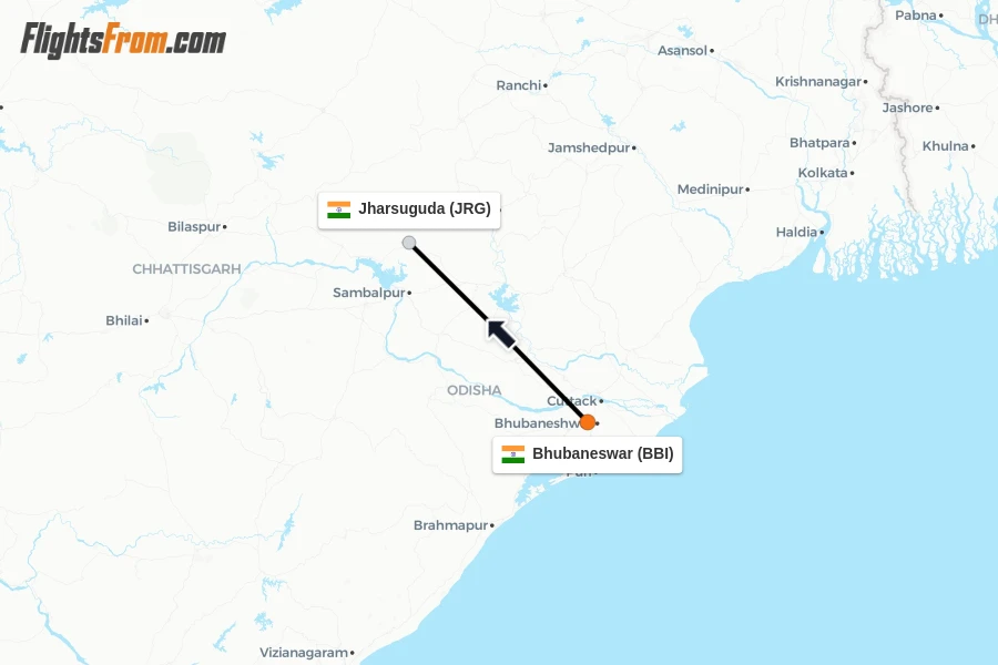Flights from Bhubaneswar to Jharsuguda route map