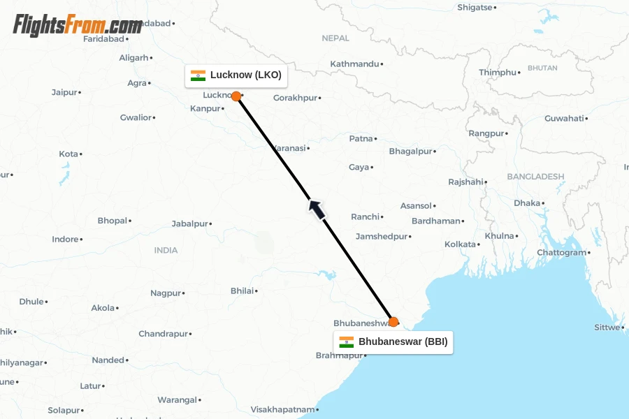 Flights from Bhubaneswar to Lucknow route map