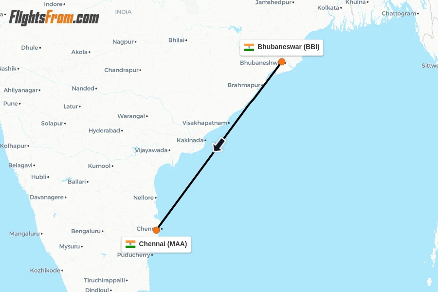 Flights from Bhubaneswar to Chennai route map