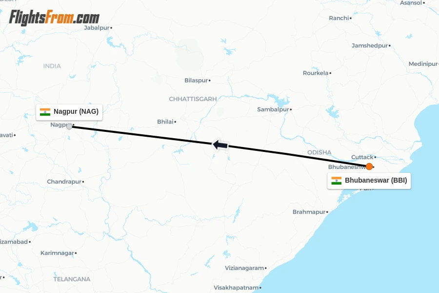 Flights from Bhubaneswar to Nagpur route map