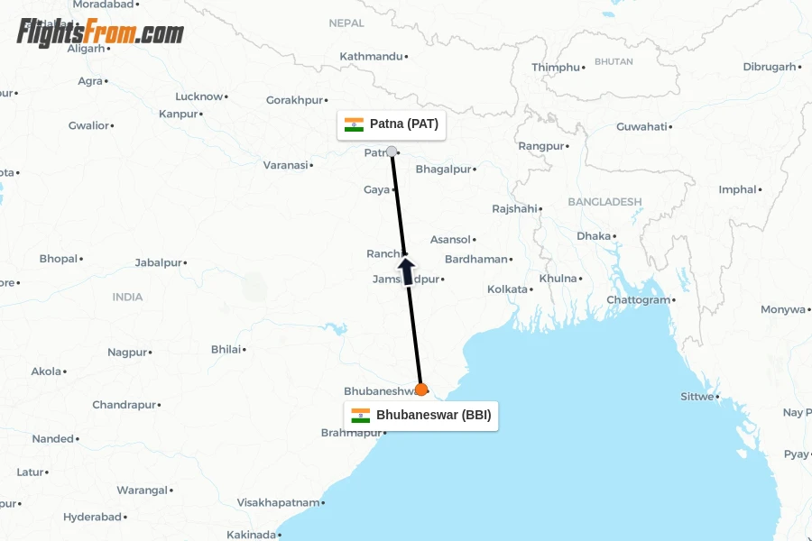 Flights from Bhubaneswar to Patna route map