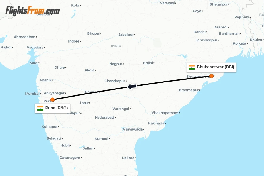 Flights from Bhubaneswar to Pune route map