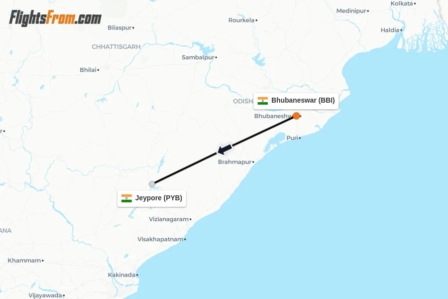 Flights from Bhubaneswar to Jeypore route map