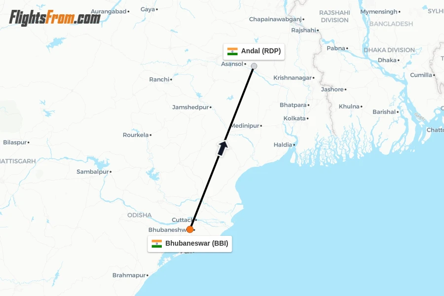 Flights from Bhubaneswar to Andal route map