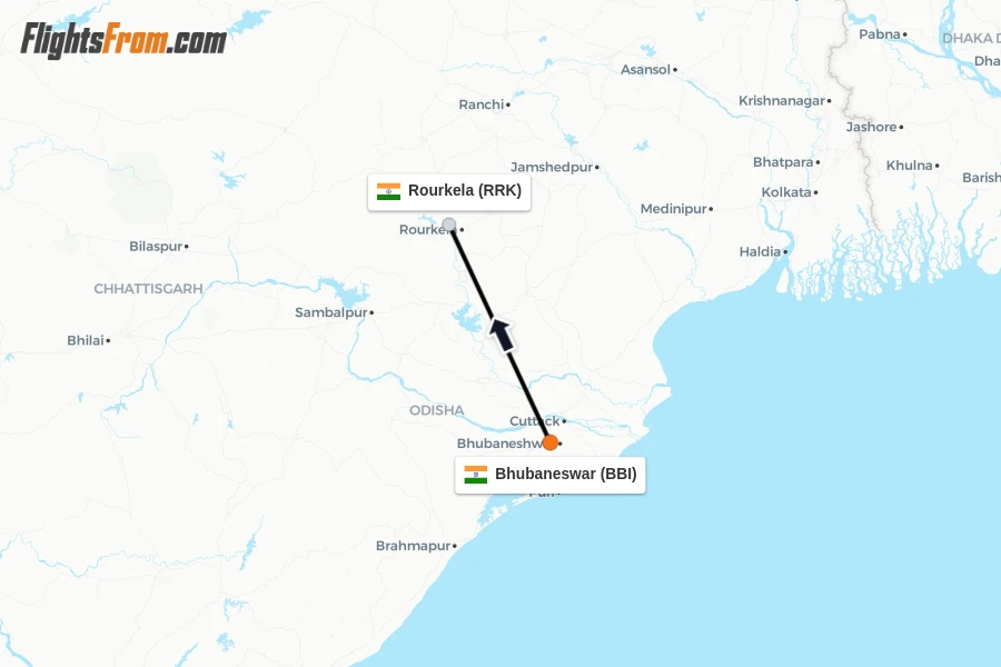 Flights from Bhubaneswar to Rourkela route map