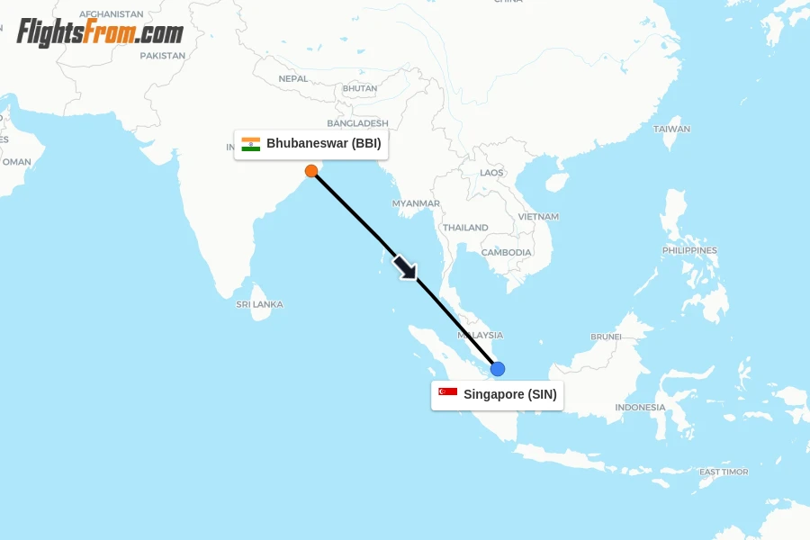 Flights from Bhubaneswar to Singapore route map
