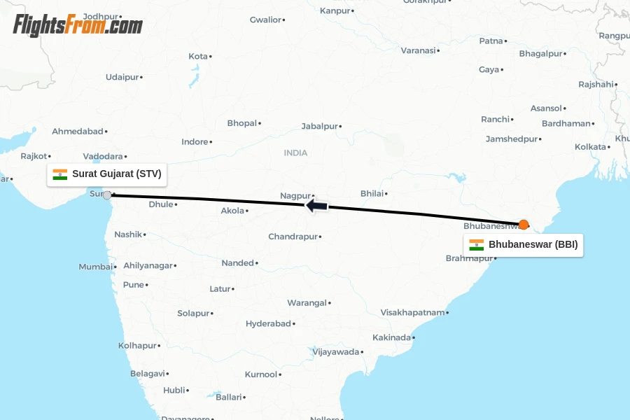 Flights from Bhubaneswar to Surat Gujarat route map