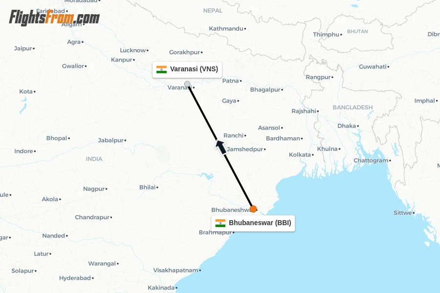 Flights from Bhubaneswar to Varanasi route map